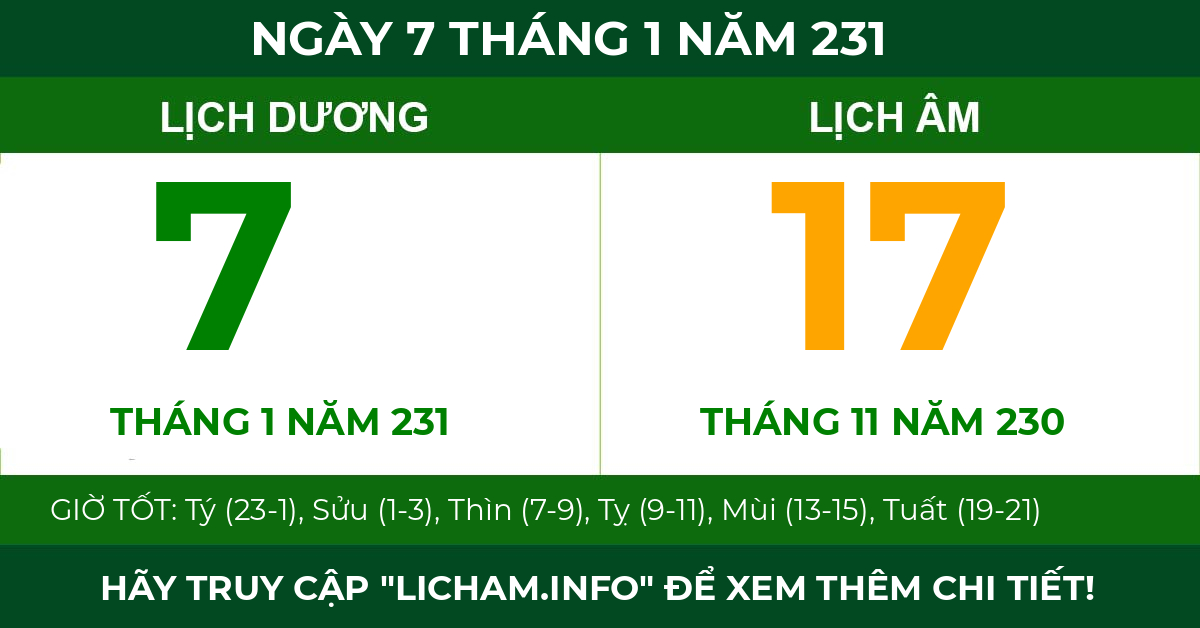 lịch âm ngày 7 tháng 1 năm 231