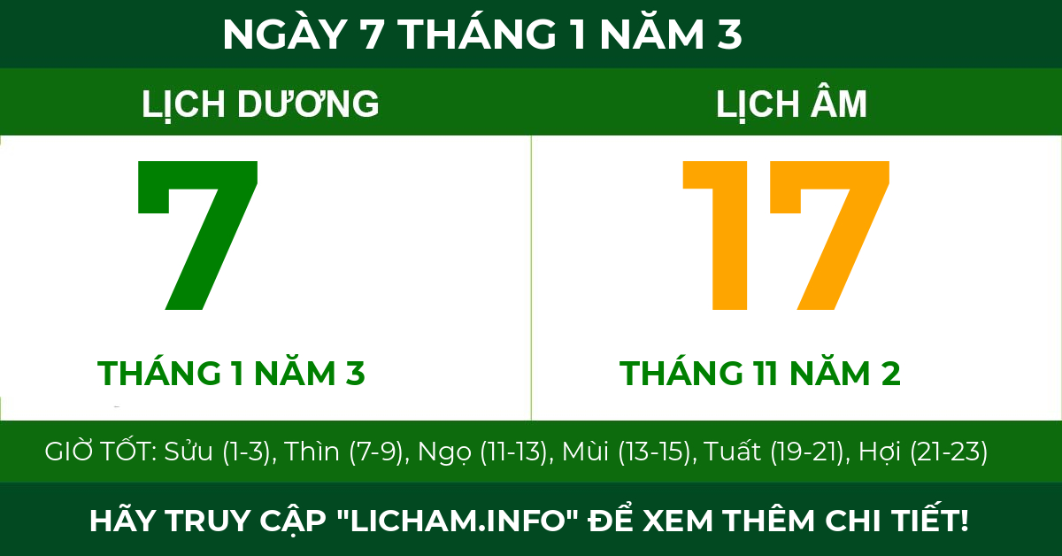 lịch âm ngày 7 tháng 1 năm 3
