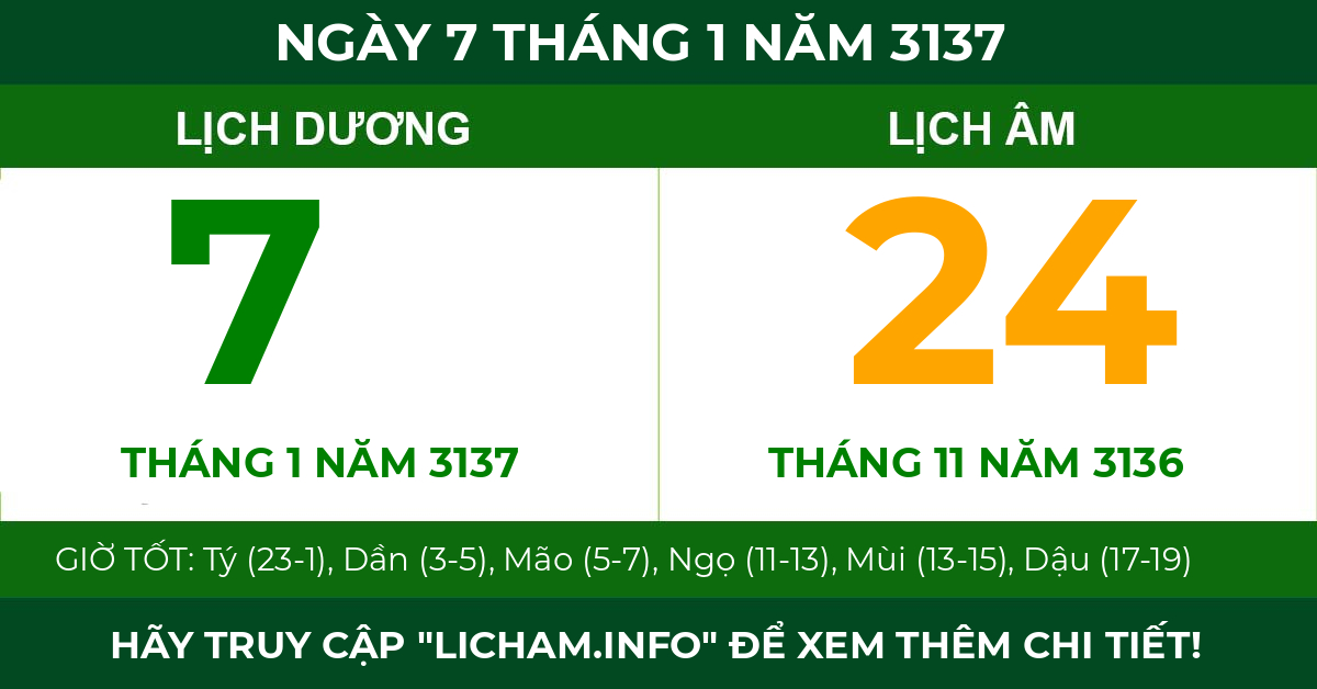 lịch âm ngày 7 tháng 1 năm 3137