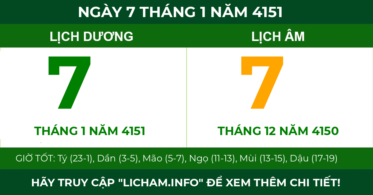 lịch âm ngày 7 tháng 1 năm 4151