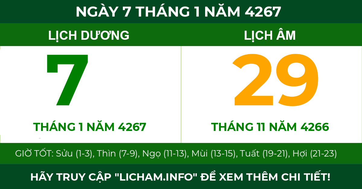 lịch âm ngày 7 tháng 1 năm 4267