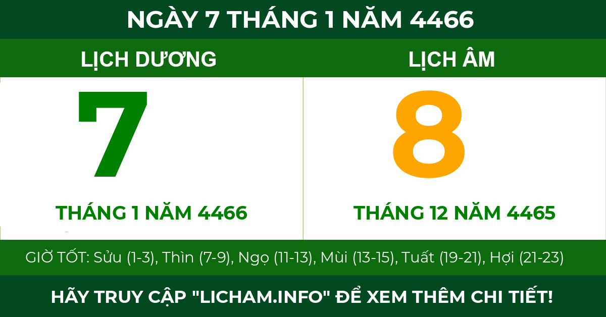 lịch âm ngày 7 tháng 1 năm 4466