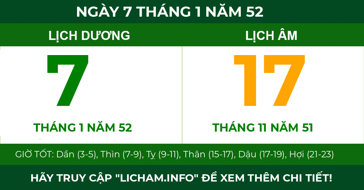 lịch âm ngày 7 tháng 1 năm 52