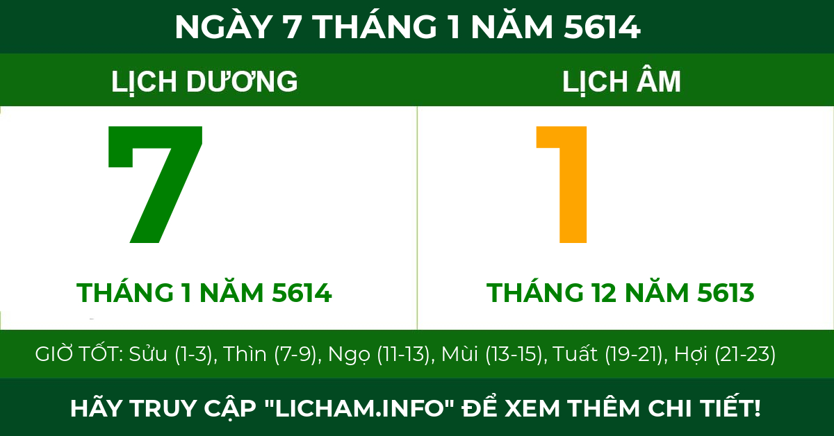 lịch âm ngày 7 tháng 1 năm 5614