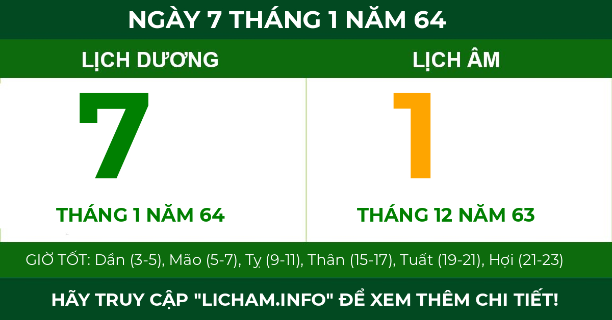 lịch âm ngày 7 tháng 1 năm 64