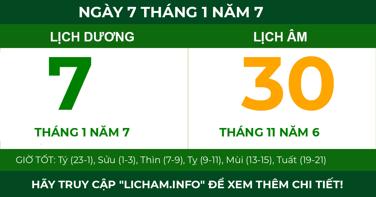 lịch âm ngày 7 tháng 1 năm 7