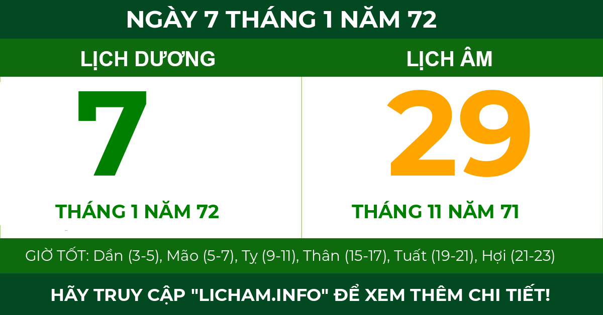 lịch âm ngày 7 tháng 1 năm 72