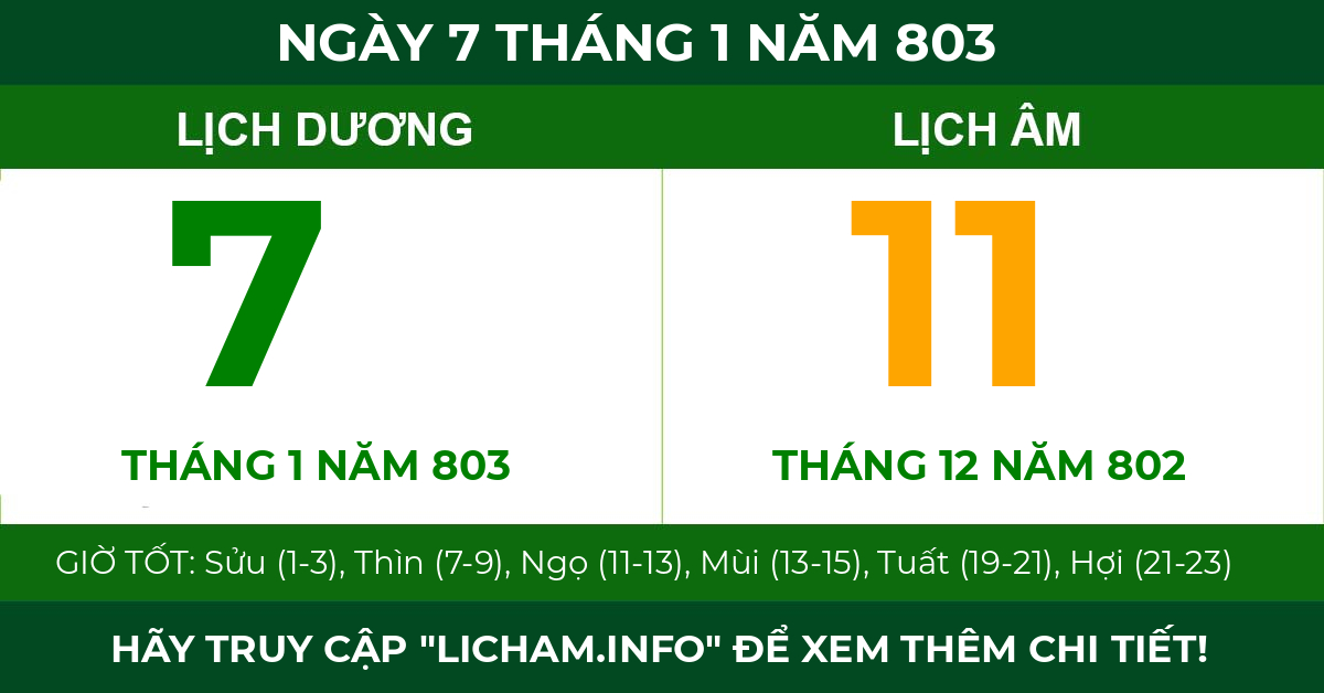 lịch âm ngày 7 tháng 1 năm 803