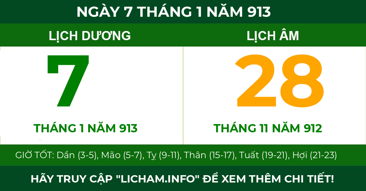 lịch âm ngày 7 tháng 1 năm 913
