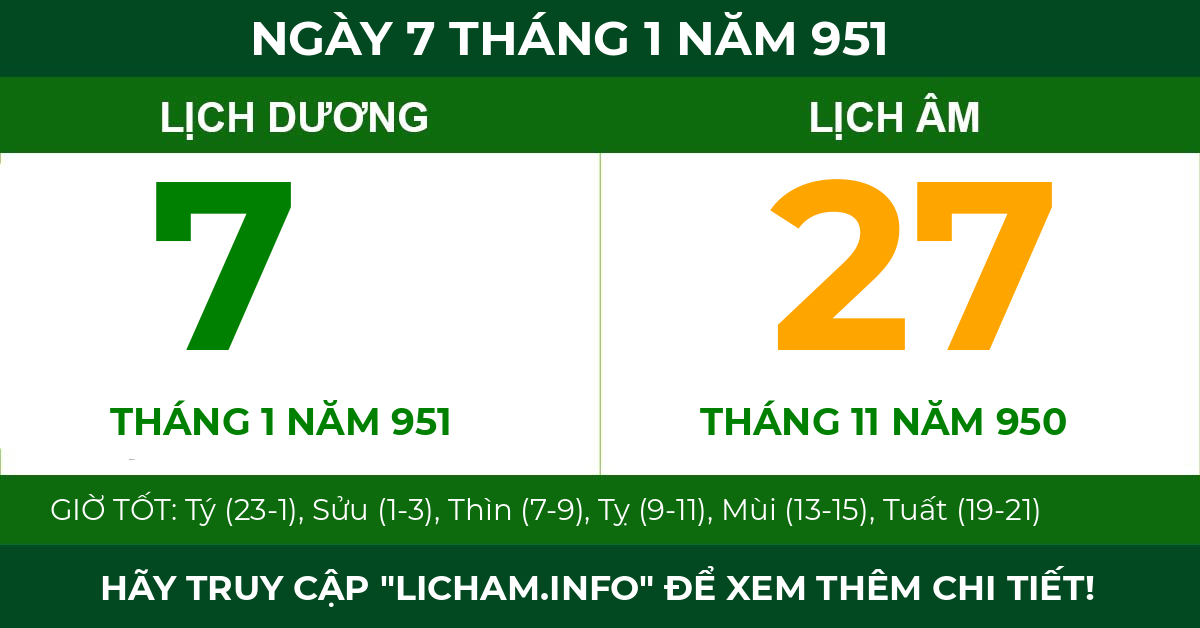 lịch âm ngày 7 tháng 1 năm 951