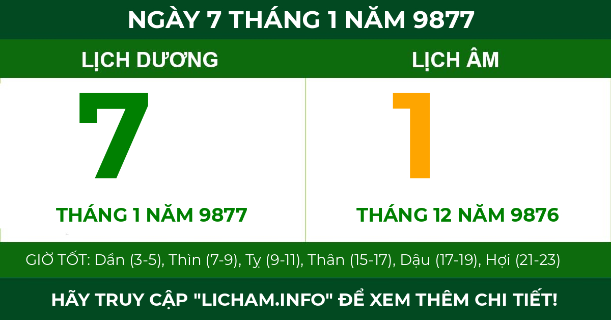 lịch âm ngày 7 tháng 1 năm 9877