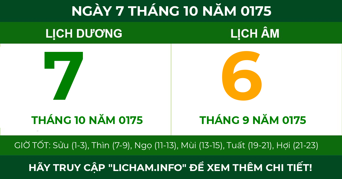 lịch âm ngày 7 tháng 10 năm 0175