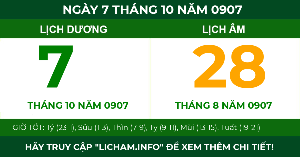 lịch âm ngày 7 tháng 10 năm 0907
