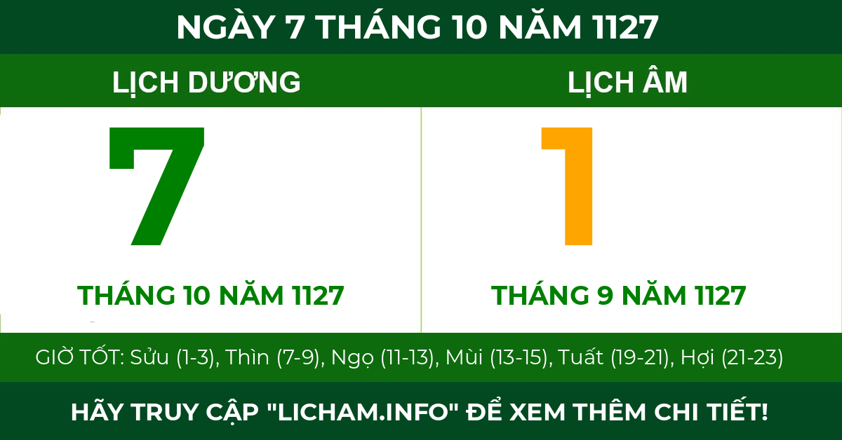 lịch âm ngày 7 tháng 10 năm 1127