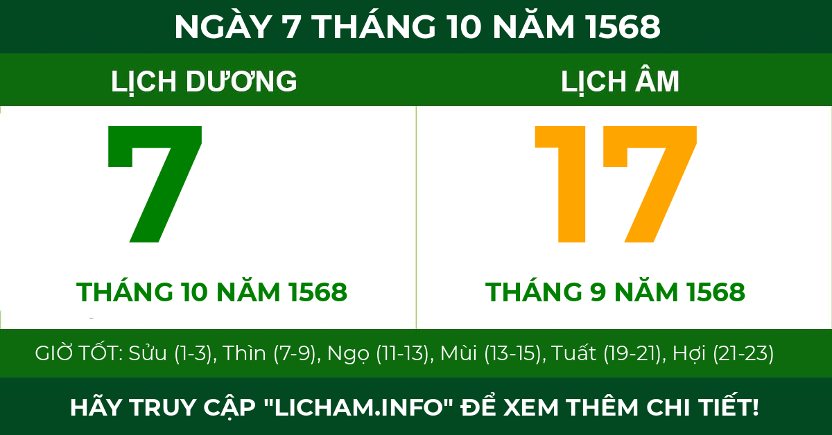 lịch âm ngày 7 tháng 10 năm 1568