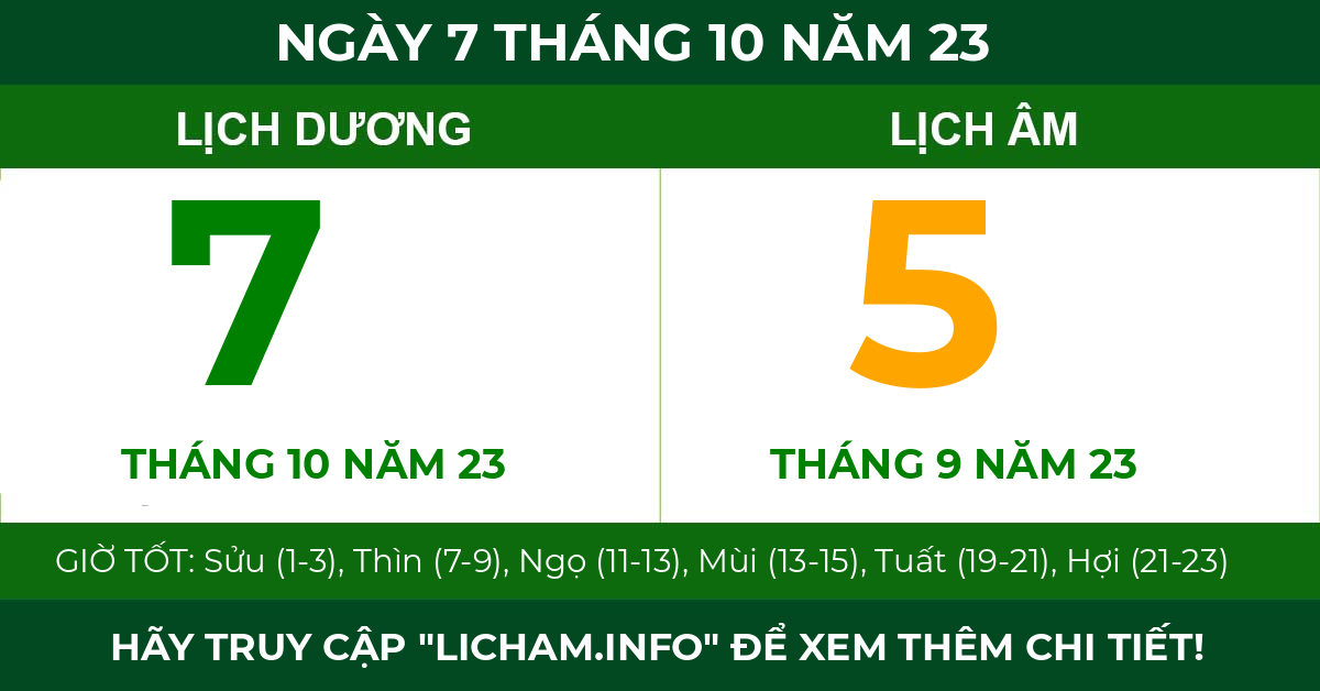 lịch âm ngày 7 tháng 10 năm 23