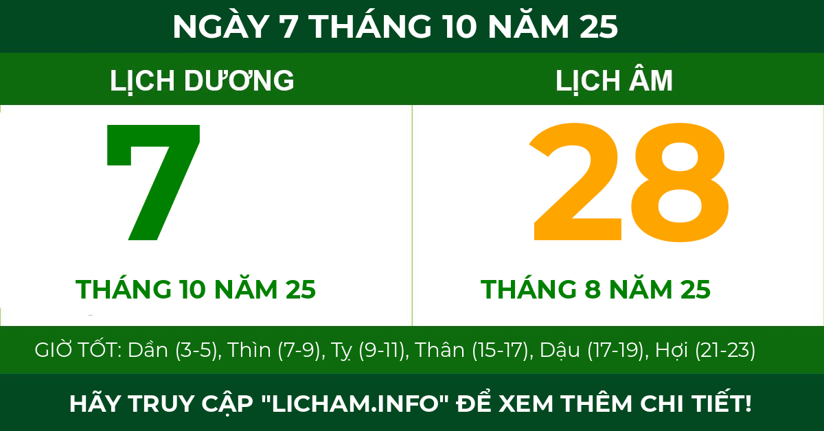 lịch âm ngày 7 tháng 10 năm 25