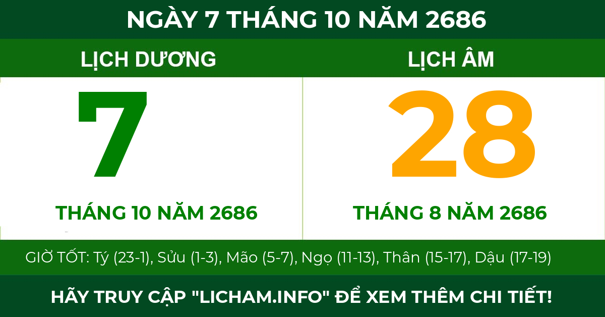 lịch âm ngày 7 tháng 10 năm 2686