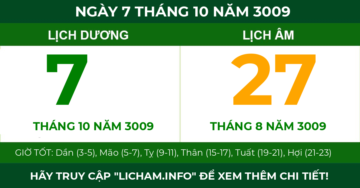 lịch âm ngày 7 tháng 10 năm 3009