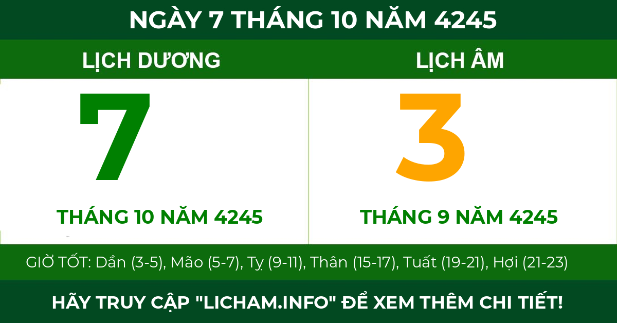 lịch âm ngày 7 tháng 10 năm 4245