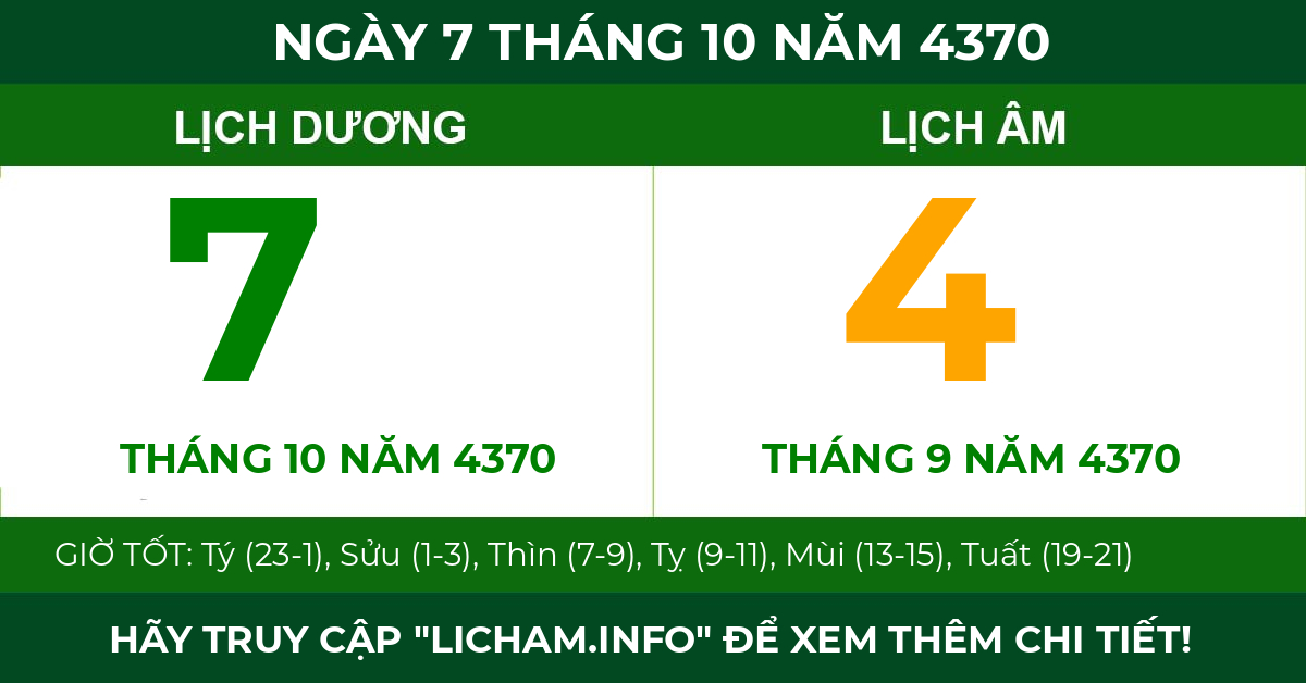 lịch âm ngày 7 tháng 10 năm 4370