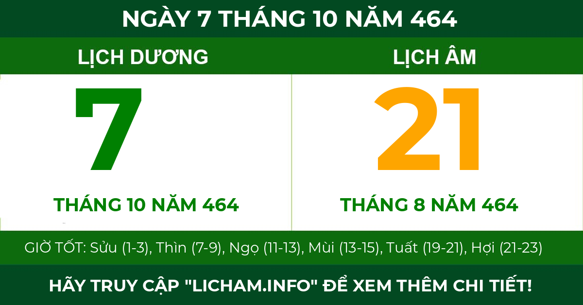 lịch âm ngày 7 tháng 10 năm 464