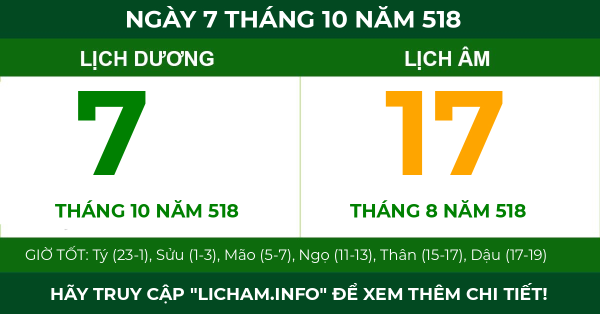 lịch âm ngày 7 tháng 10 năm 518
