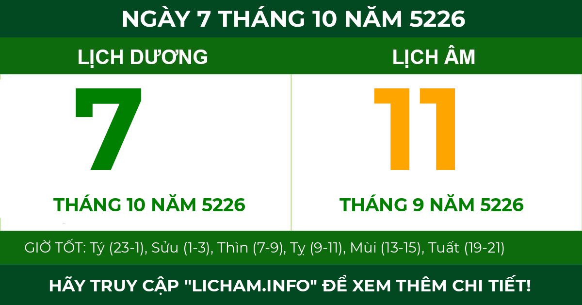 lịch âm ngày 7 tháng 10 năm 5226