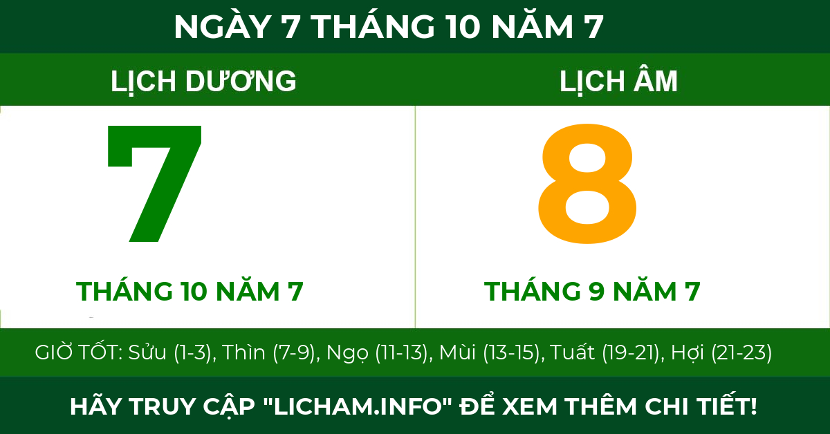 lịch âm ngày 7 tháng 10 năm 7
