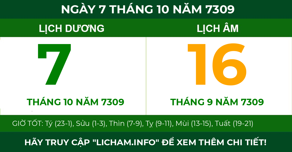 lịch âm ngày 7 tháng 10 năm 7309