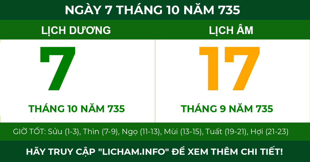 lịch âm ngày 7 tháng 10 năm 735