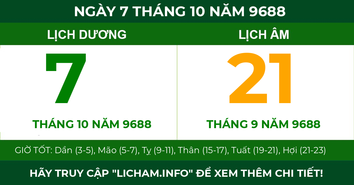 lịch âm ngày 7 tháng 10 năm 9688