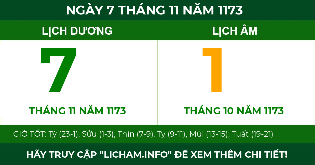 lịch âm ngày 7 tháng 11 năm 1173