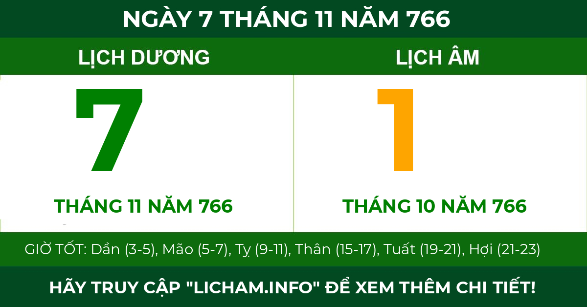 lịch âm ngày 7 tháng 11 năm 766