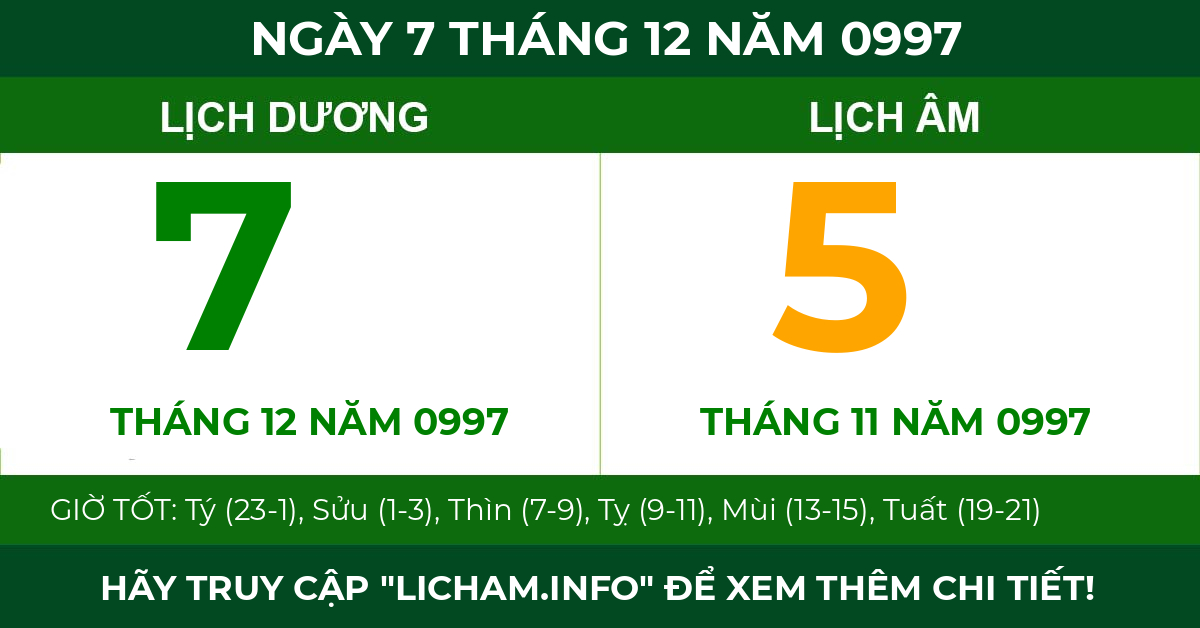 lịch âm ngày 7 tháng 12 năm 0997