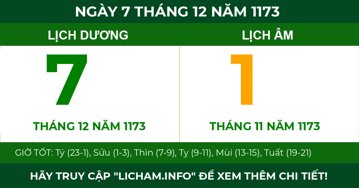lịch âm ngày 7 tháng 12 năm 1173