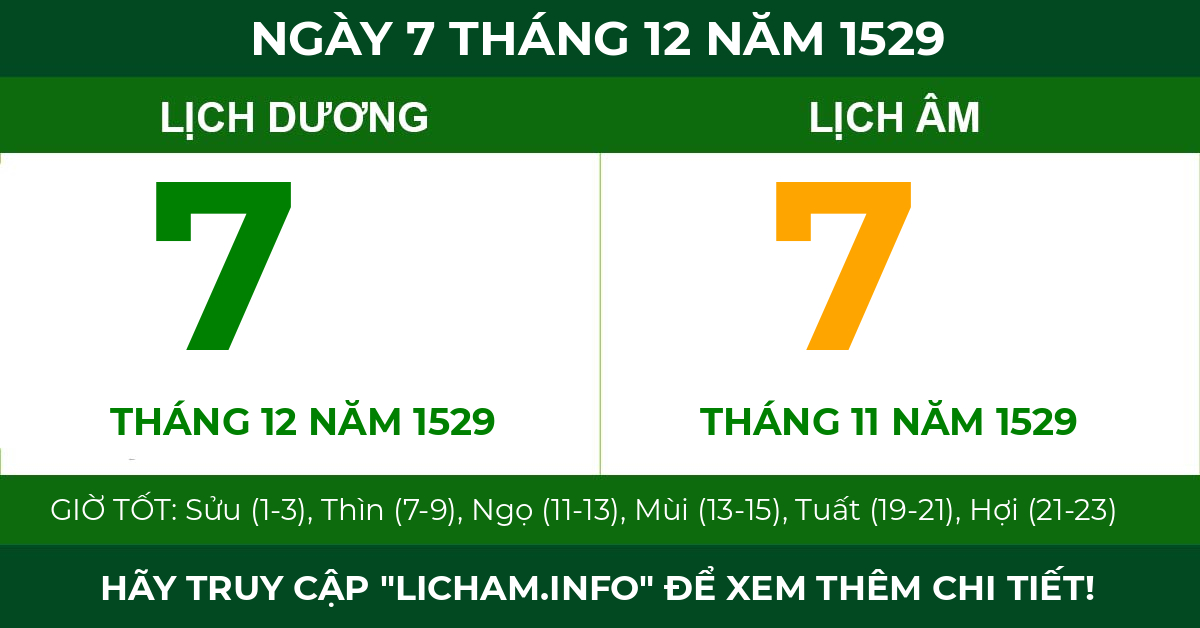 lịch âm ngày 7 tháng 12 năm 1529
