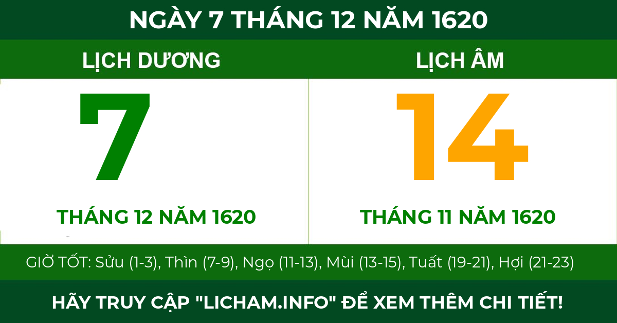 lịch âm ngày 7 tháng 12 năm 1620
