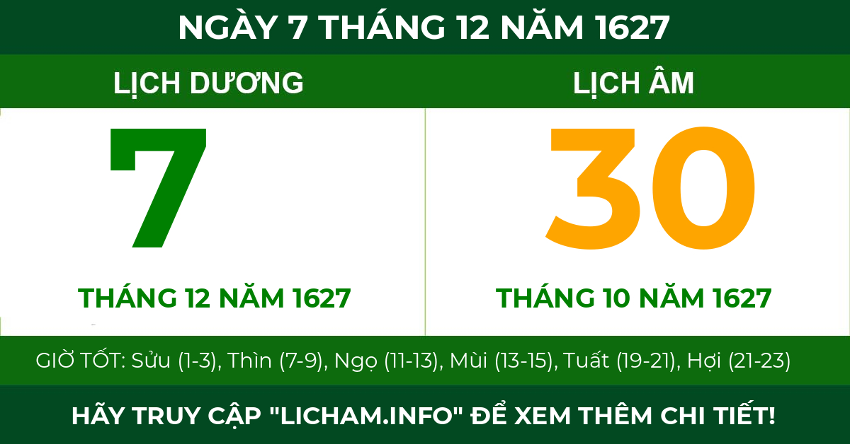 lịch âm ngày 7 tháng 12 năm 1627
