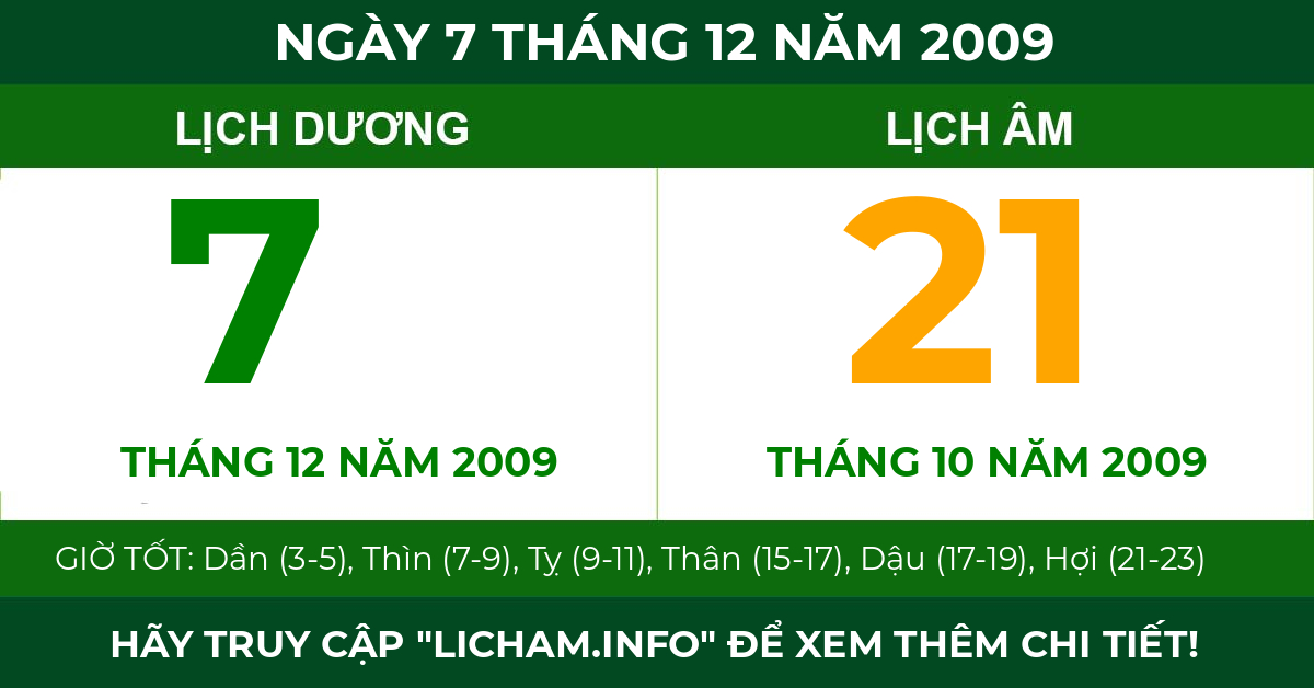lịch âm ngày 7 tháng 12 năm 2009