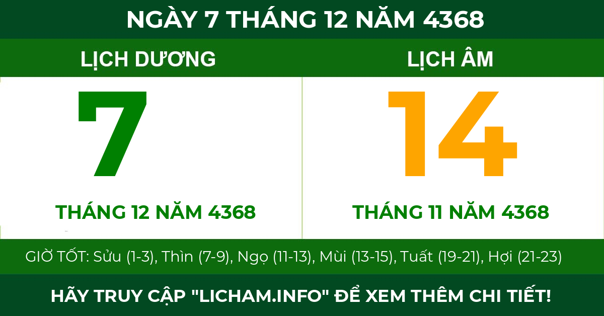 lịch âm ngày 7 tháng 12 năm 4368