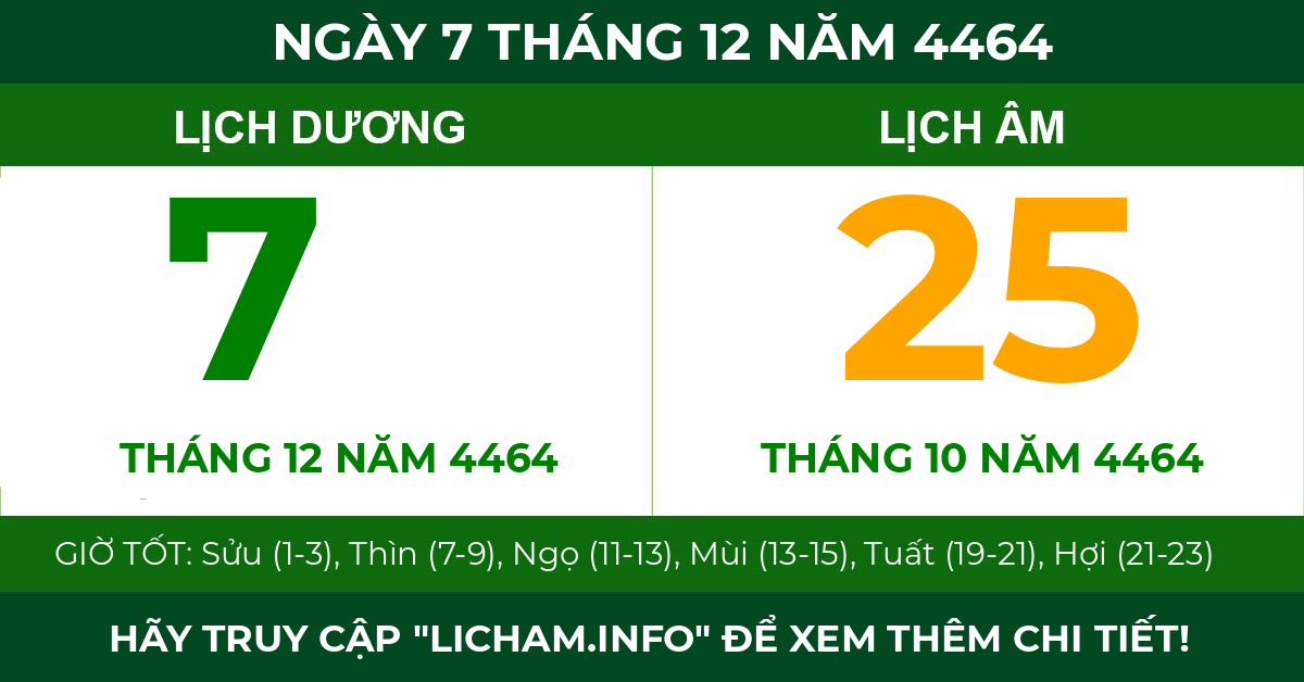 lịch âm ngày 7 tháng 12 năm 4464