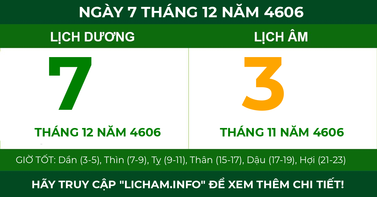 lịch âm ngày 7 tháng 12 năm 4606