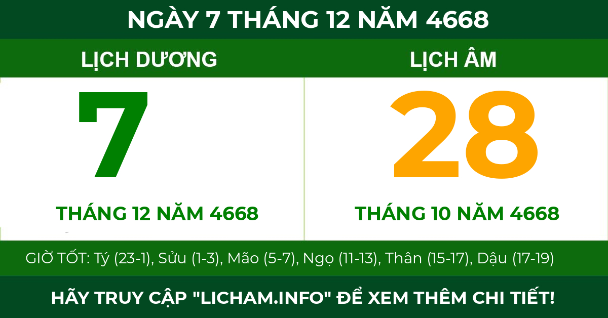 lịch âm ngày 7 tháng 12 năm 4668