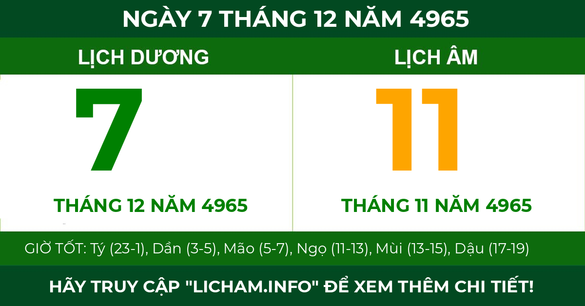 lịch âm ngày 7 tháng 12 năm 4965