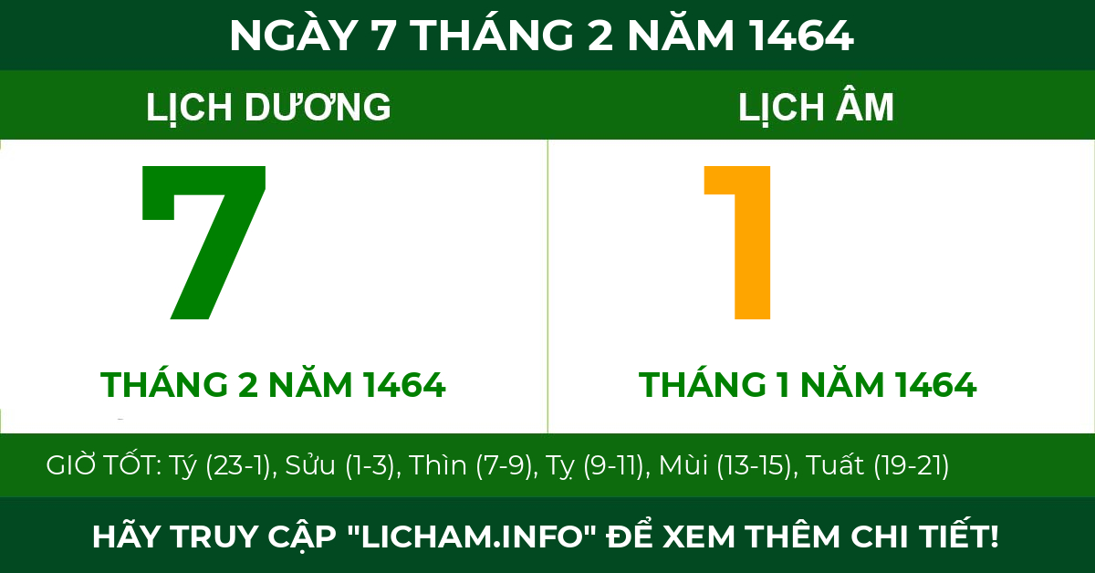lịch âm ngày 7 tháng 2 năm 1464