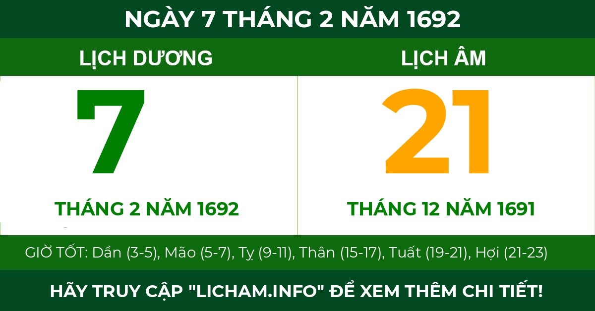 lịch âm ngày 7 tháng 2 năm 1692