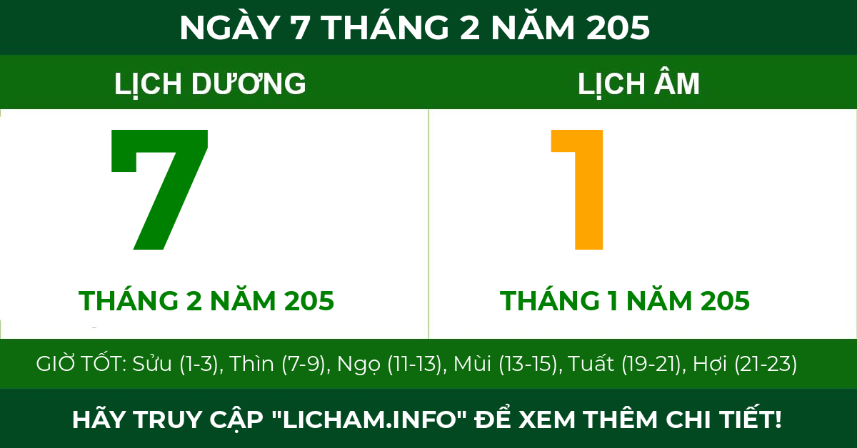 lịch âm ngày 7 tháng 2 năm 205