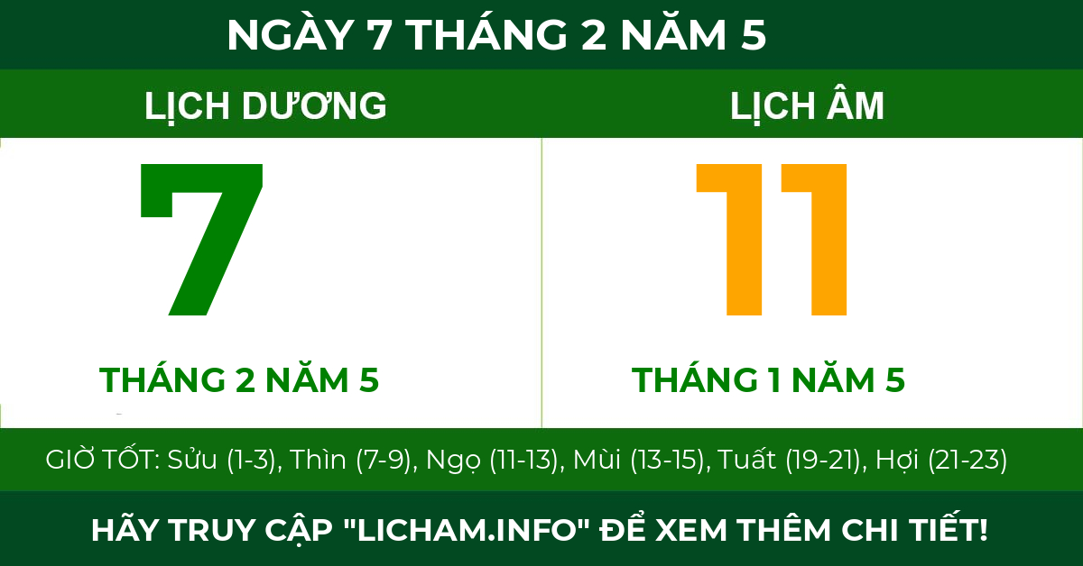lịch âm ngày 7 tháng 2 năm 5