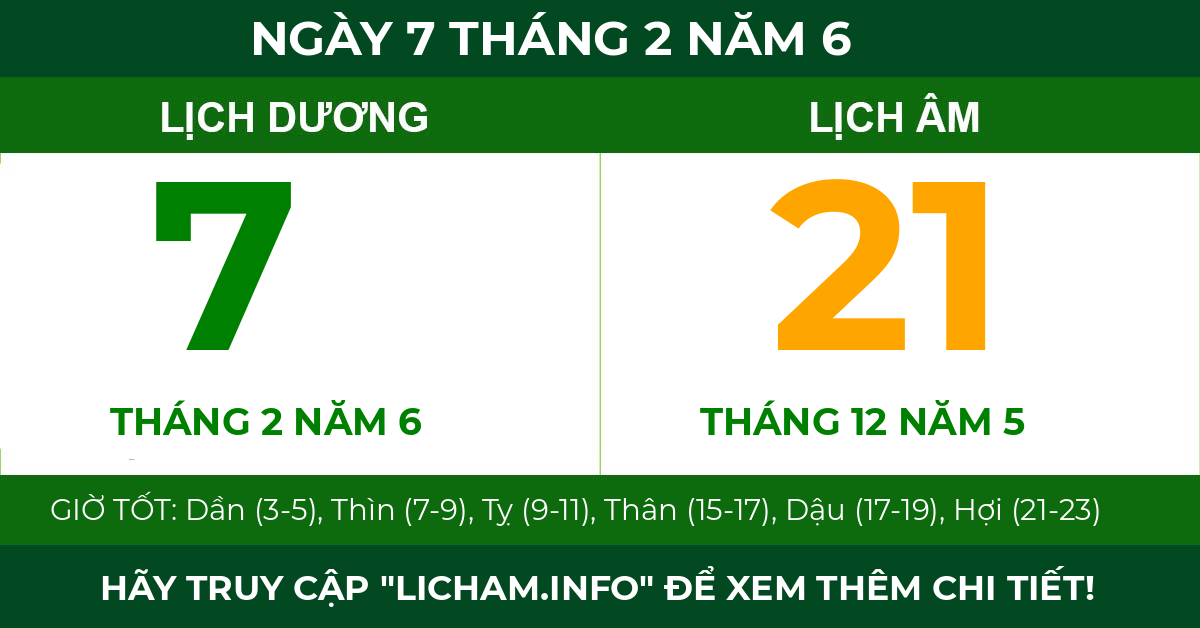 lịch âm ngày 7 tháng 2 năm 6